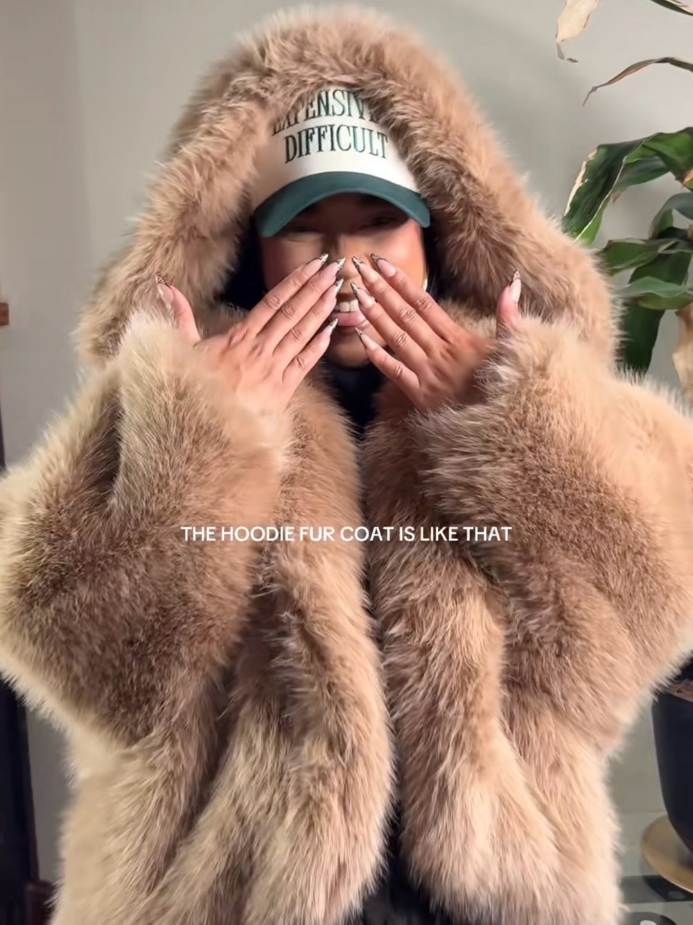 Luxury Oversized Faux Fur Hooded Coat | Plush Winter Jacket | Camel Beige - M - Picture 10 of 13